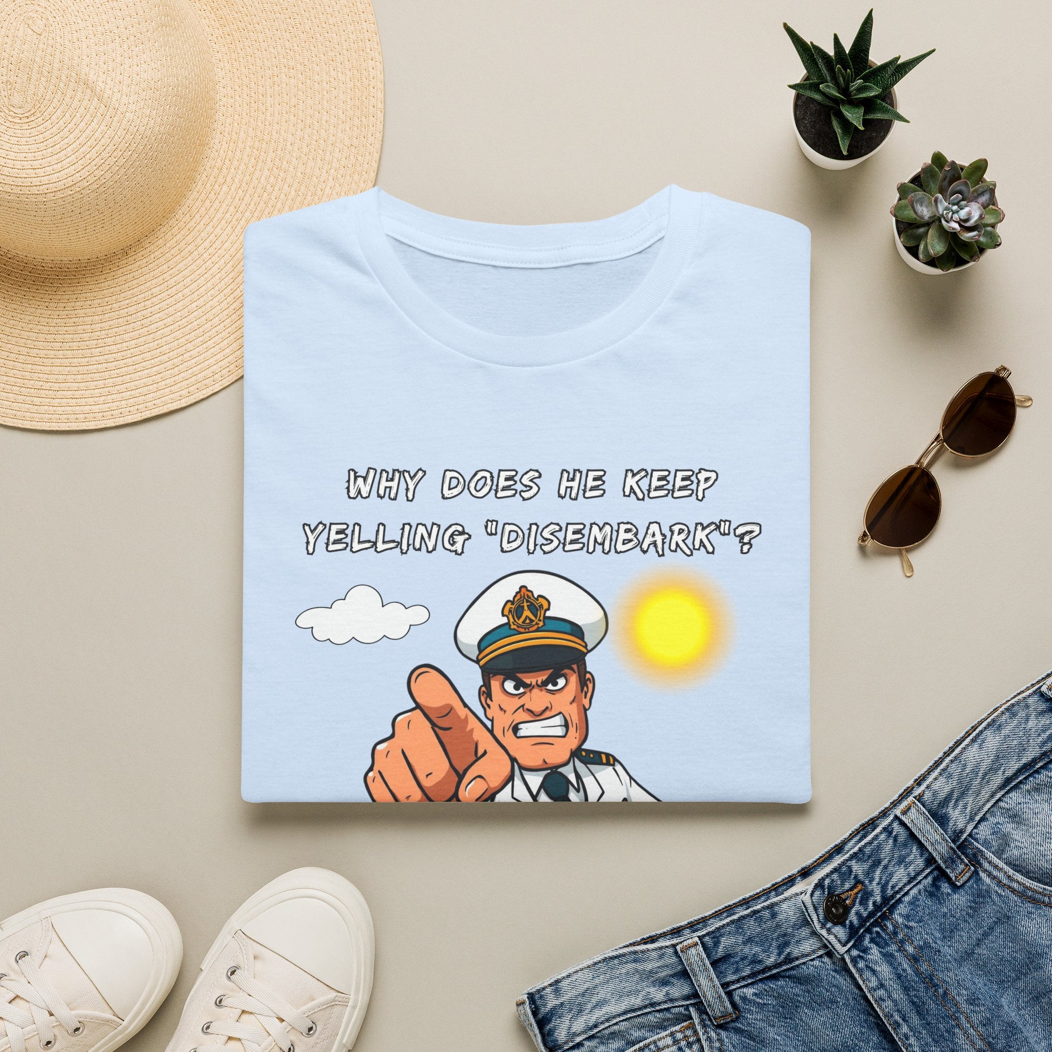 Captain Pointing Graphic Tee – "Why Does He Keep Yelling 'Disembark'?" Novelty T-Shirt