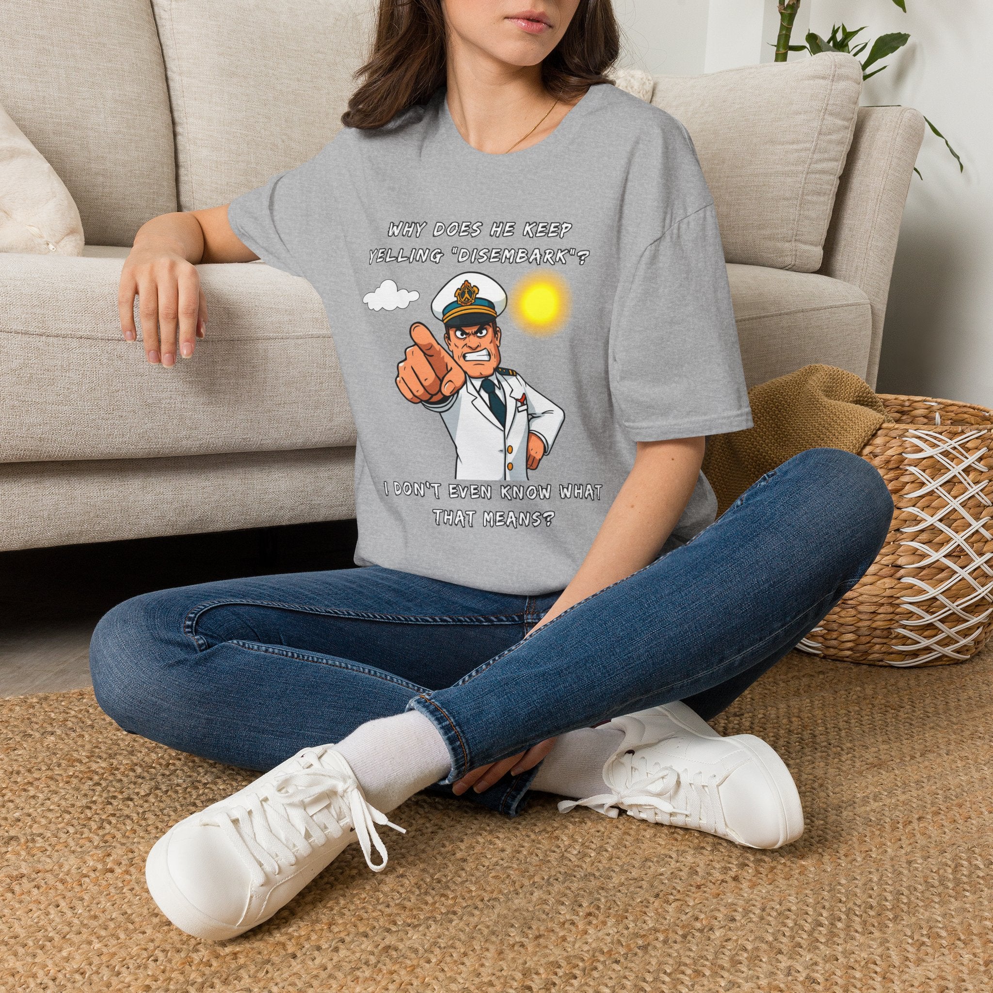 Captain Pointing Graphic Tee – "Why Does He Keep Yelling 'Disembark'?" Novelty T-Shirt