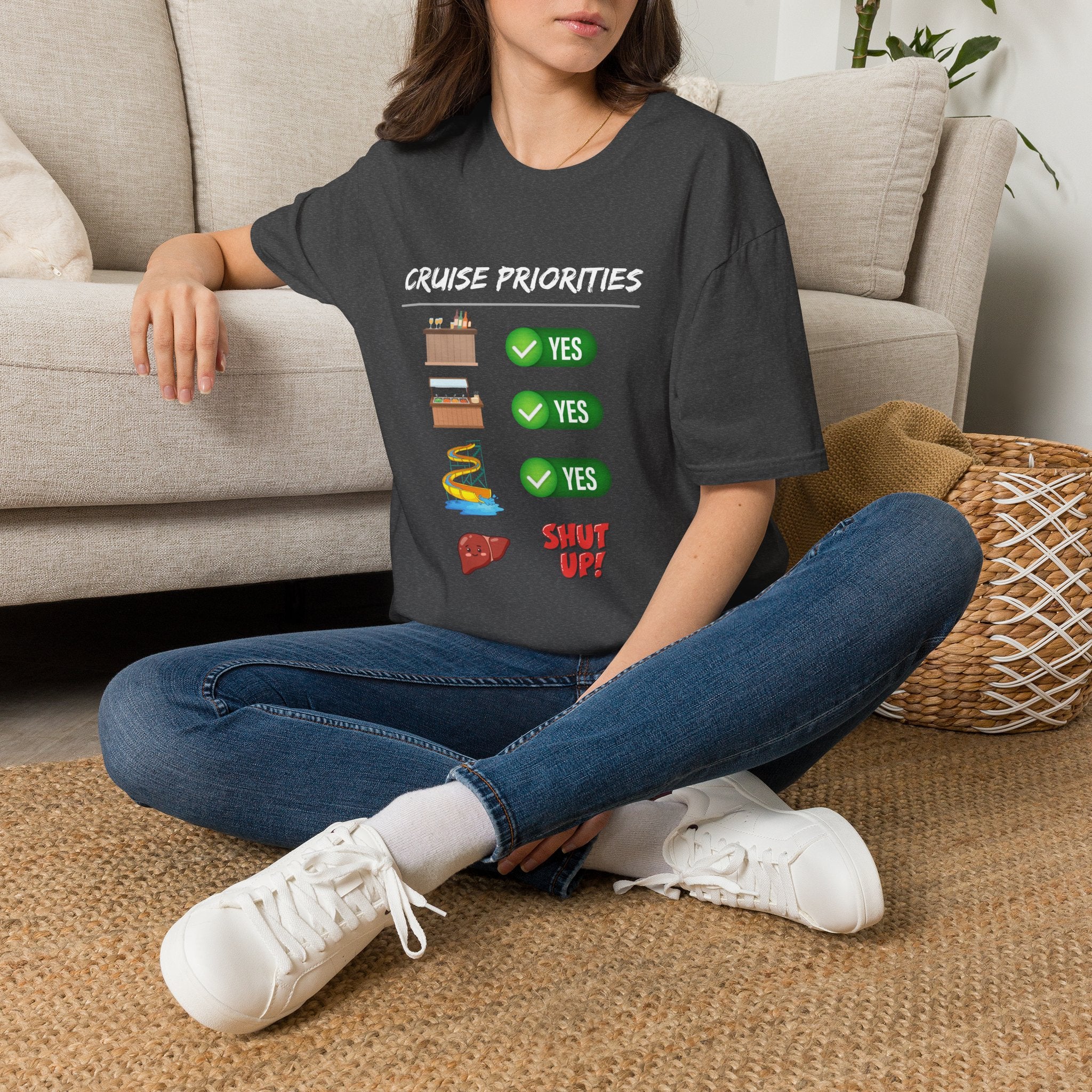 Cruise Priorities T-Shirt — Yes to Bars, Pools & Snacks Vacation Tee
