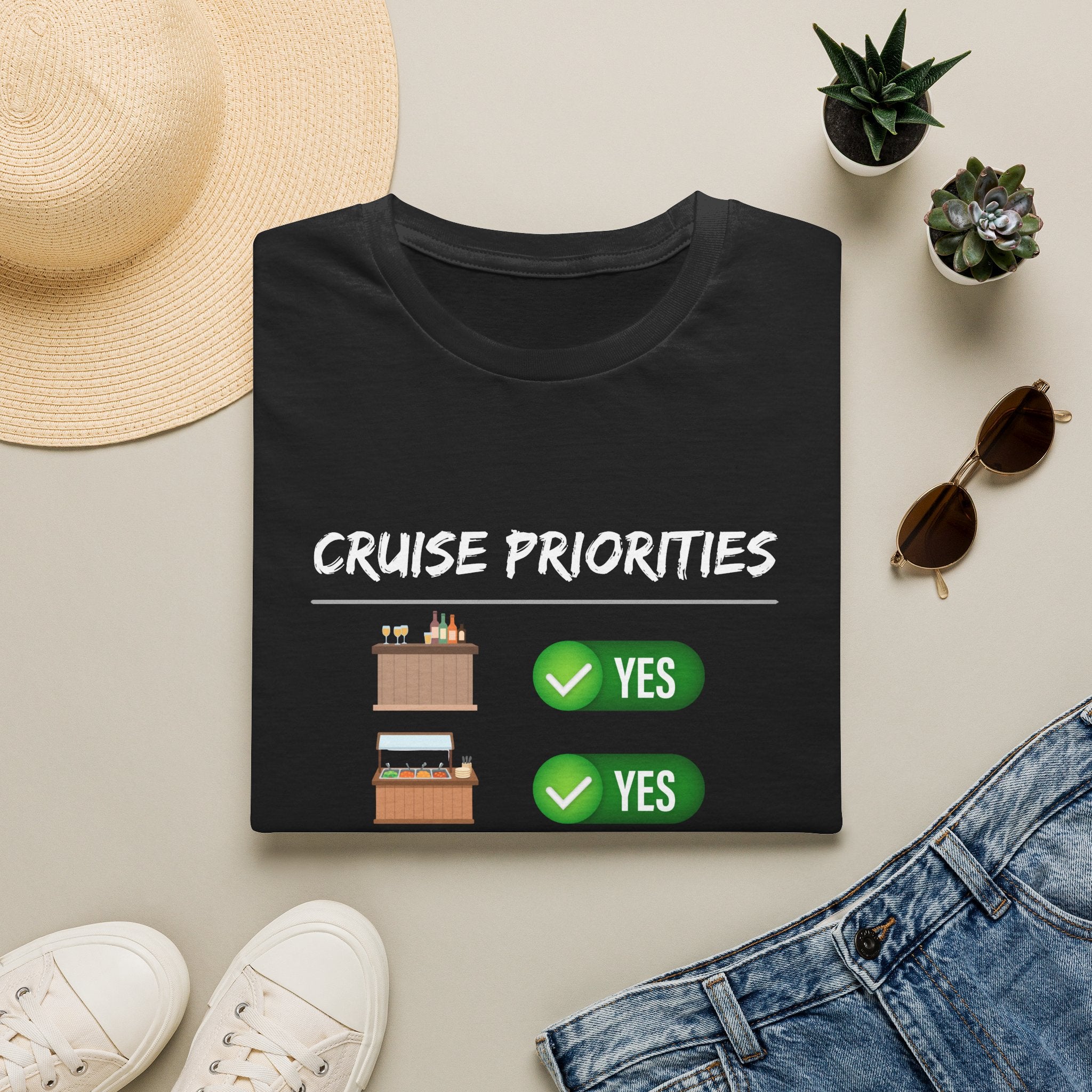 Cruise Priorities T-Shirt — Yes to Bars, Pools & Snacks Vacation Tee