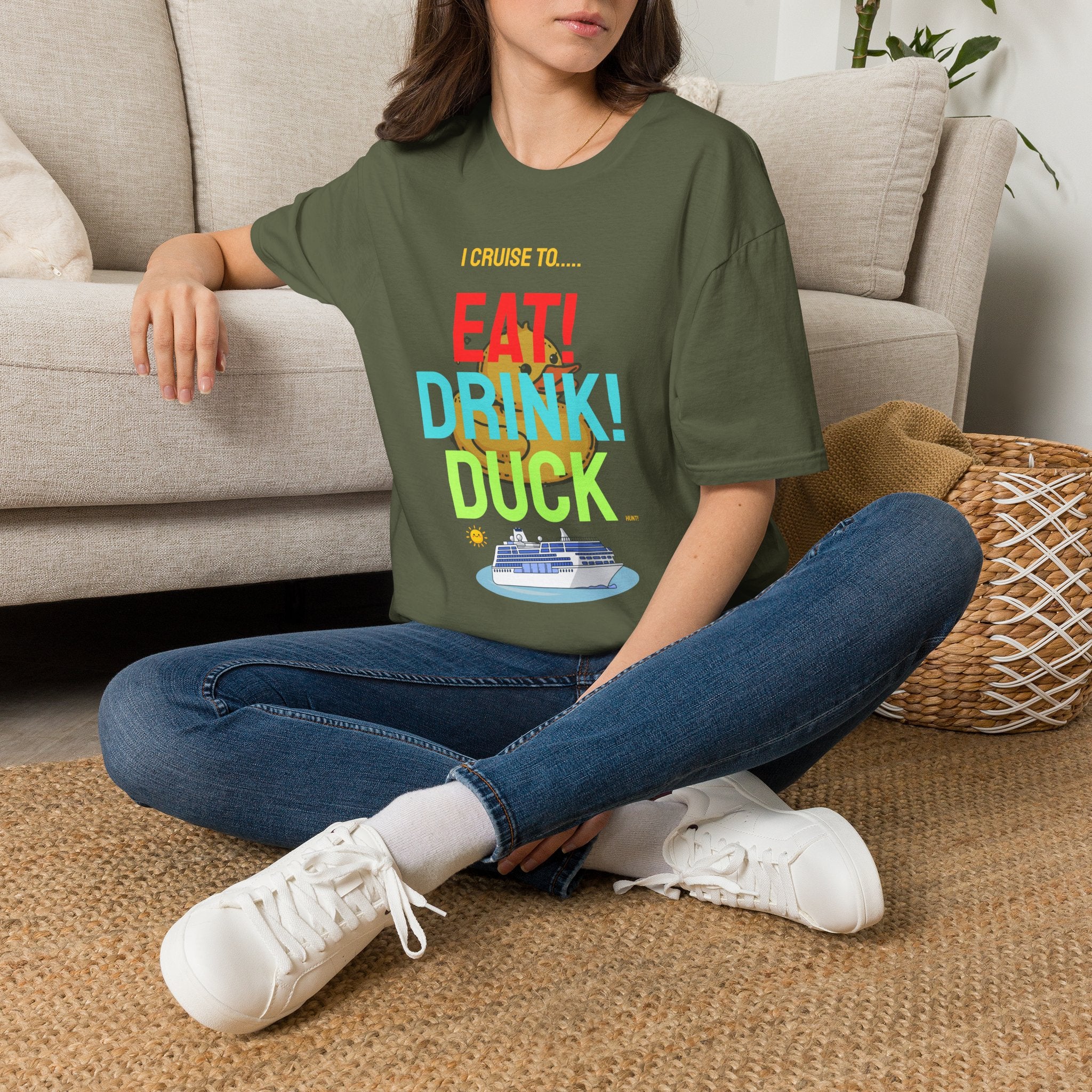 Cruise Vacation T-Shirt — "I Cruise To... Eat! Drink! Dock!"