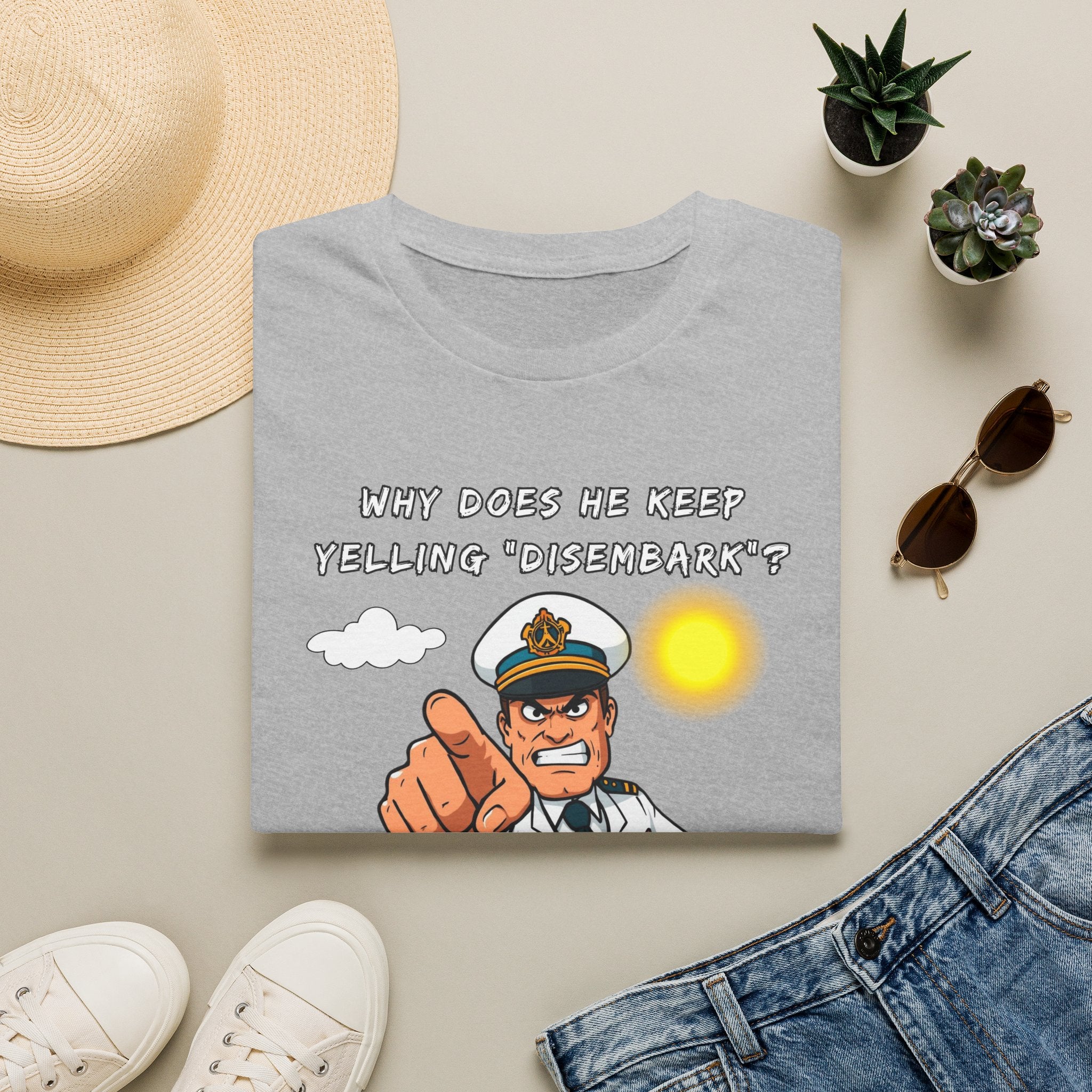 Captain Pointing Graphic Tee – "Why Does He Keep Yelling 'Disembark'?" Novelty T-Shirt