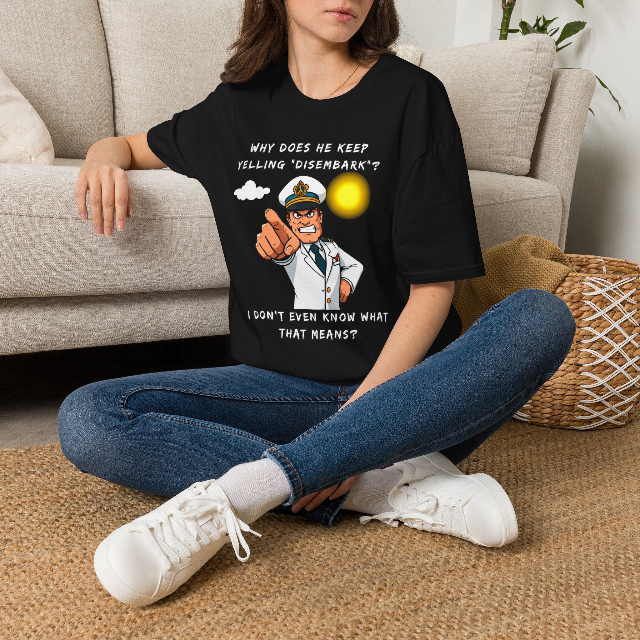 Captain Pointing Graphic Tee – "Why Does He Keep Yelling 'Disembark'?" Novelty T-Shirt