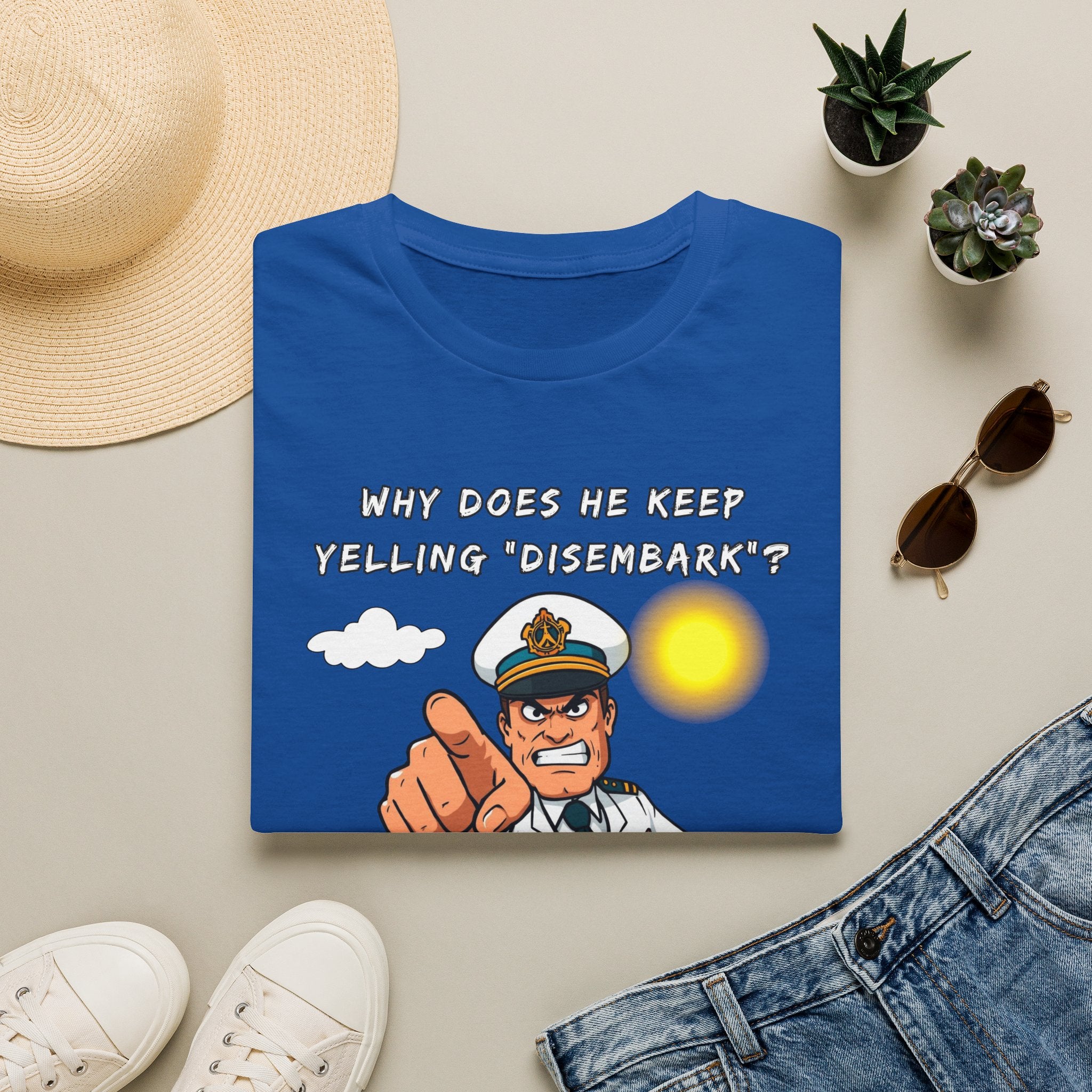 Captain Pointing Graphic Tee – "Why Does He Keep Yelling 'Disembark'?" Novelty T-Shirt