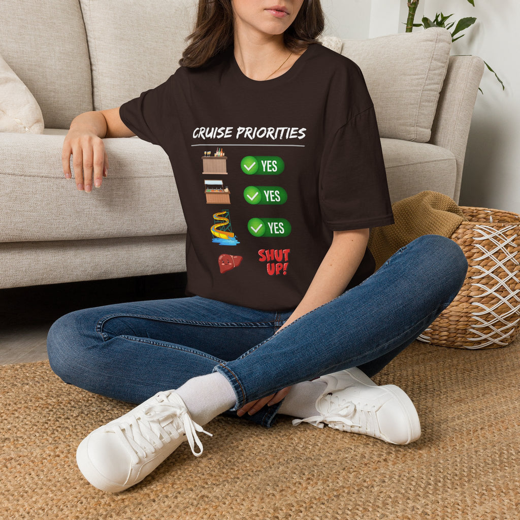Cruise Priorities T-Shirt — Yes to Bars, Pools & Snacks Vacation Tee