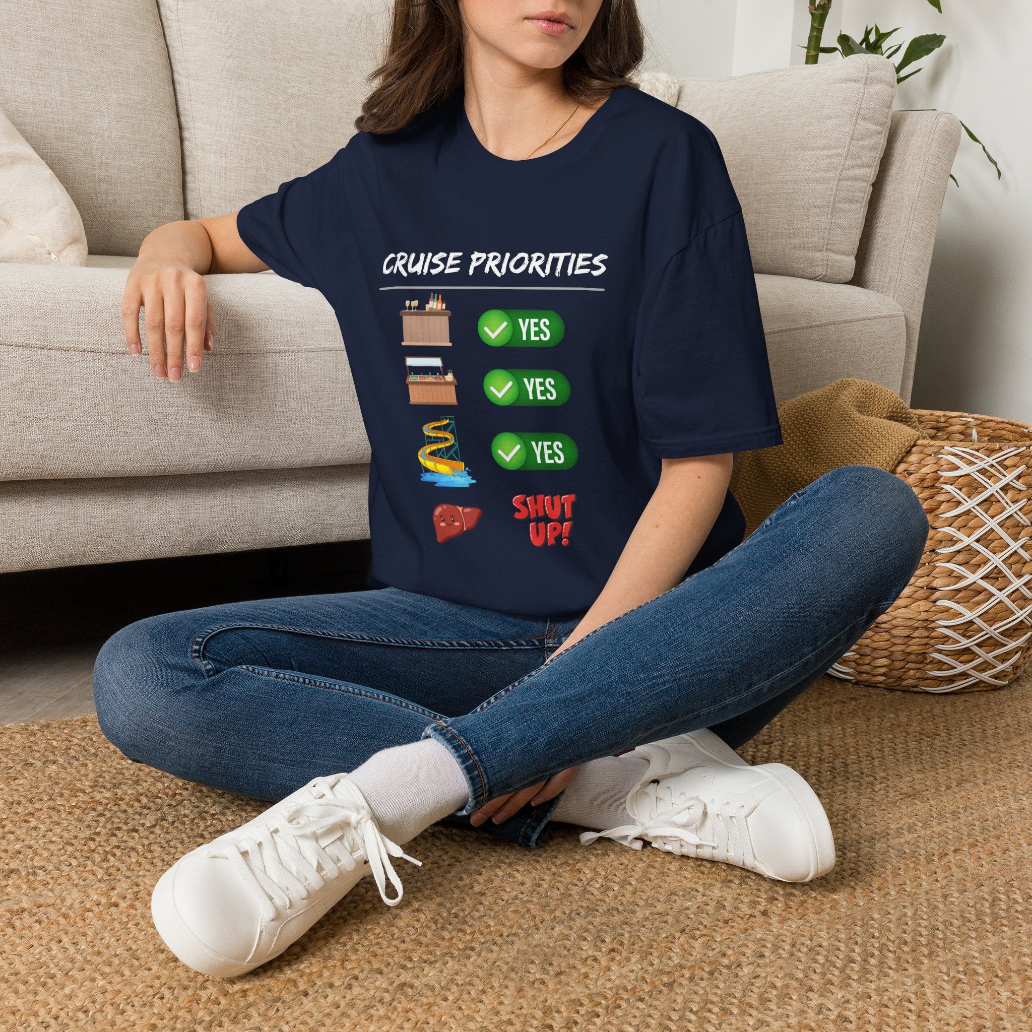 Cruise Priorities T-Shirt — Yes to Bars, Pools & Snacks Vacation Tee