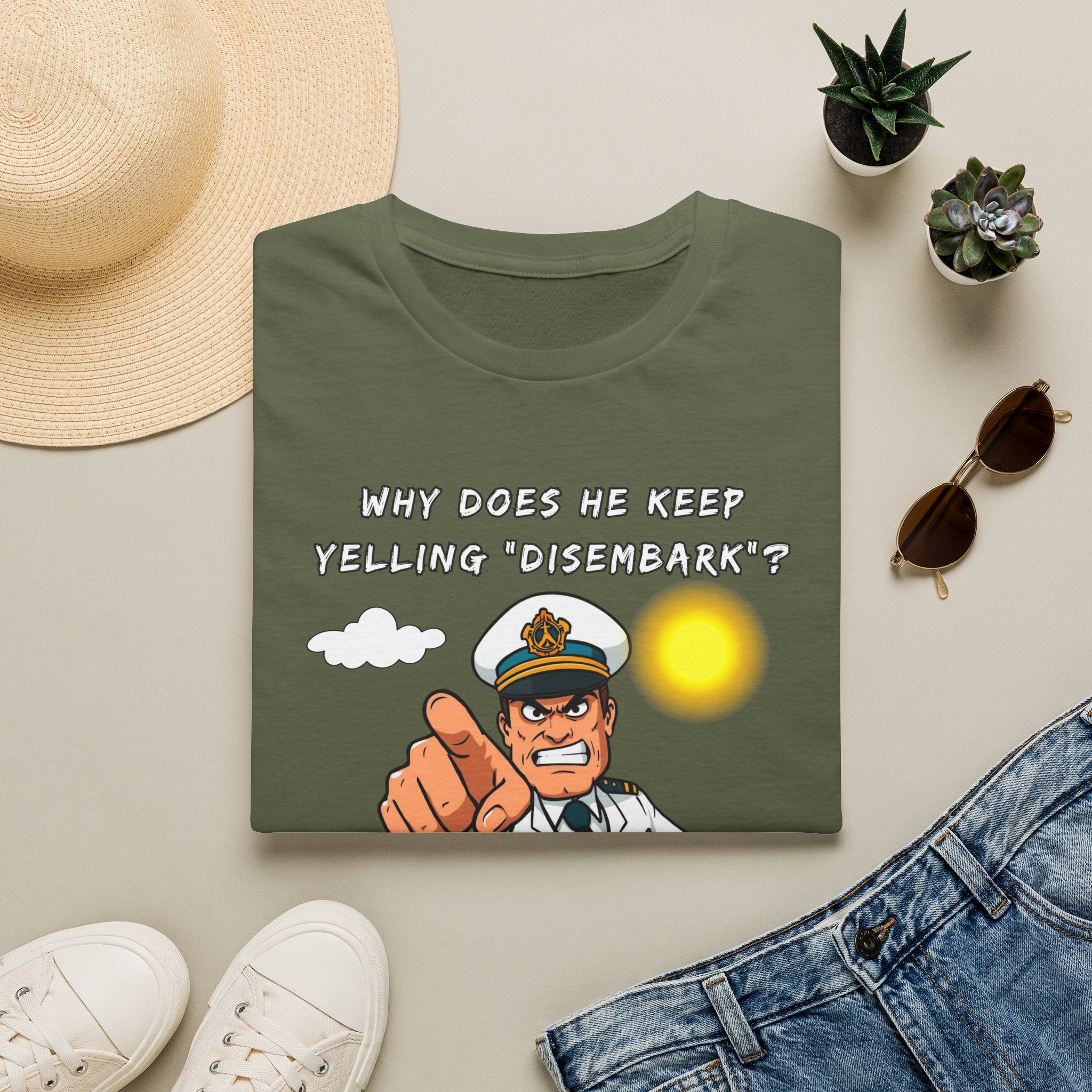 Captain Pointing Graphic Tee – "Why Does He Keep Yelling 'Disembark'?" Novelty T-Shirt