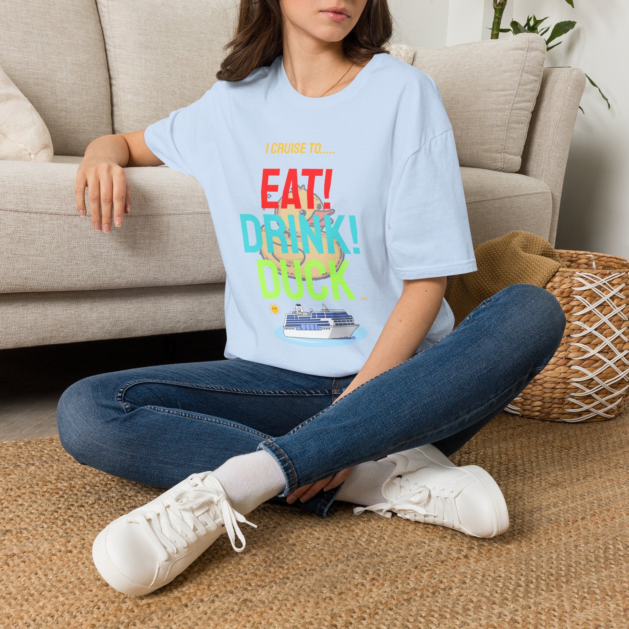 Cruise Vacation T-Shirt — "I Cruise To... Eat! Drink! Dock!"