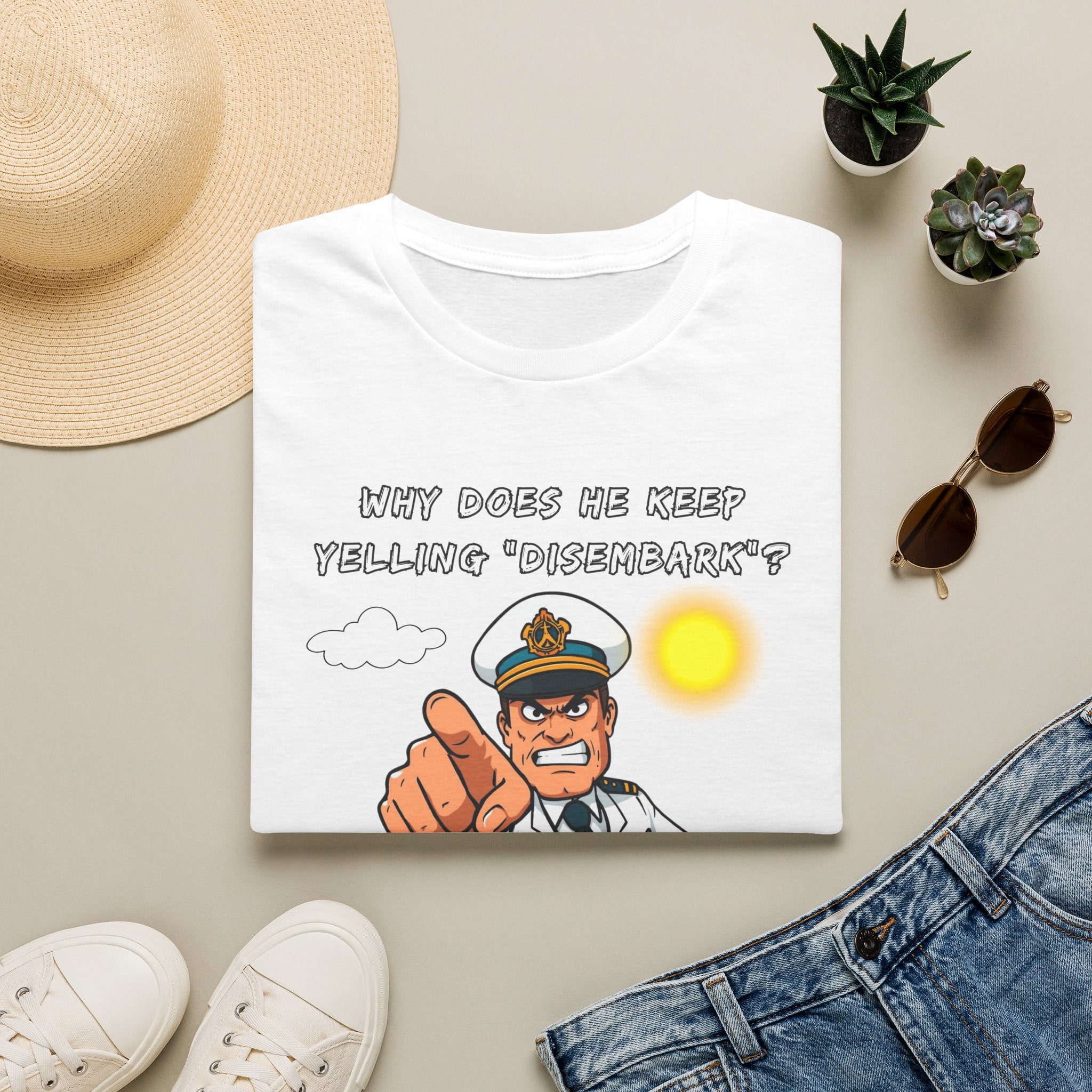Captain Pointing Graphic Tee – "Why Does He Keep Yelling 'Disembark'?" Novelty T-Shirt