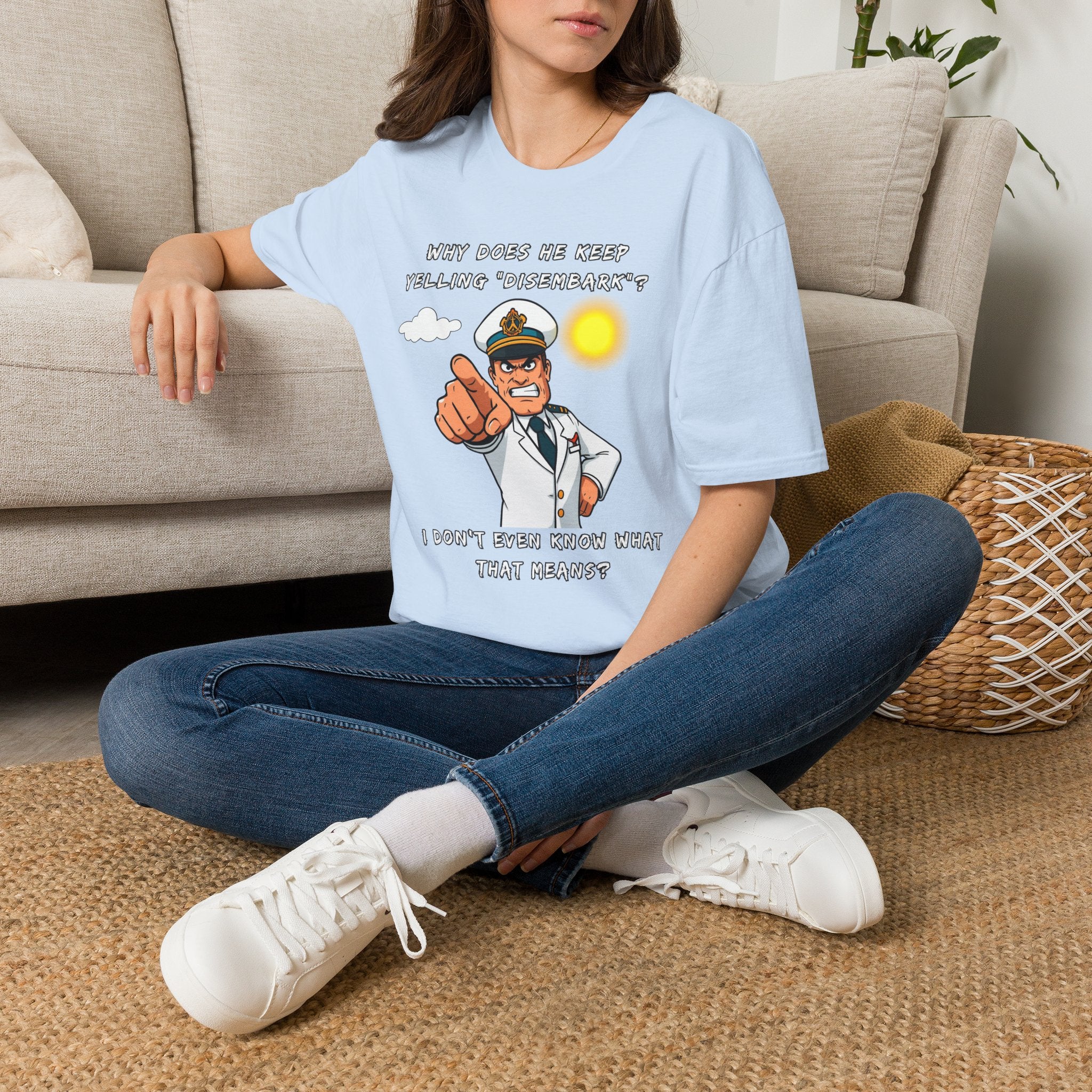 Captain Pointing Graphic Tee – "Why Does He Keep Yelling 'Disembark'?" Novelty T-Shirt