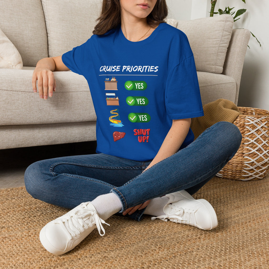 Cruise Priorities T-Shirt — Yes to Bars, Pools & Snacks Vacation Tee