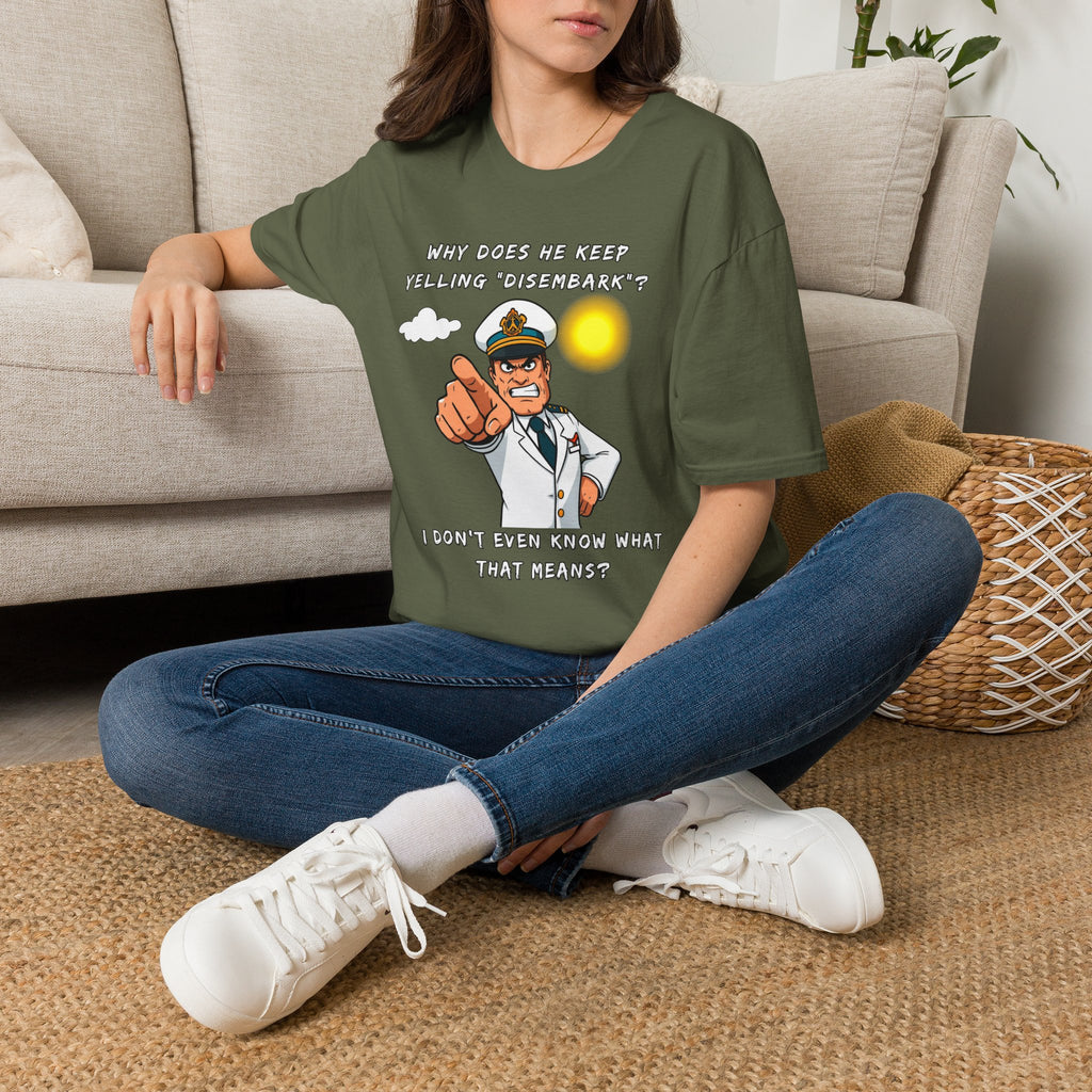 Captain Pointing Graphic Tee – "Why Does He Keep Yelling 'Disembark'?" Novelty T-Shirt