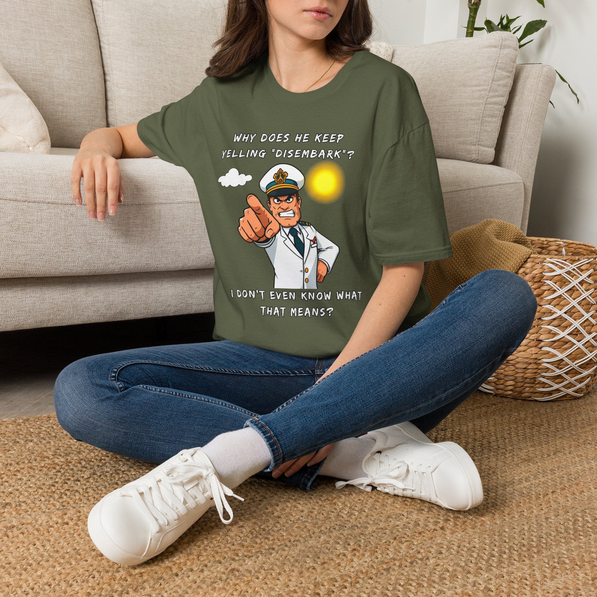 Captain Pointing Graphic Tee – "Why Does He Keep Yelling 'Disembark'?" Novelty T-Shirt