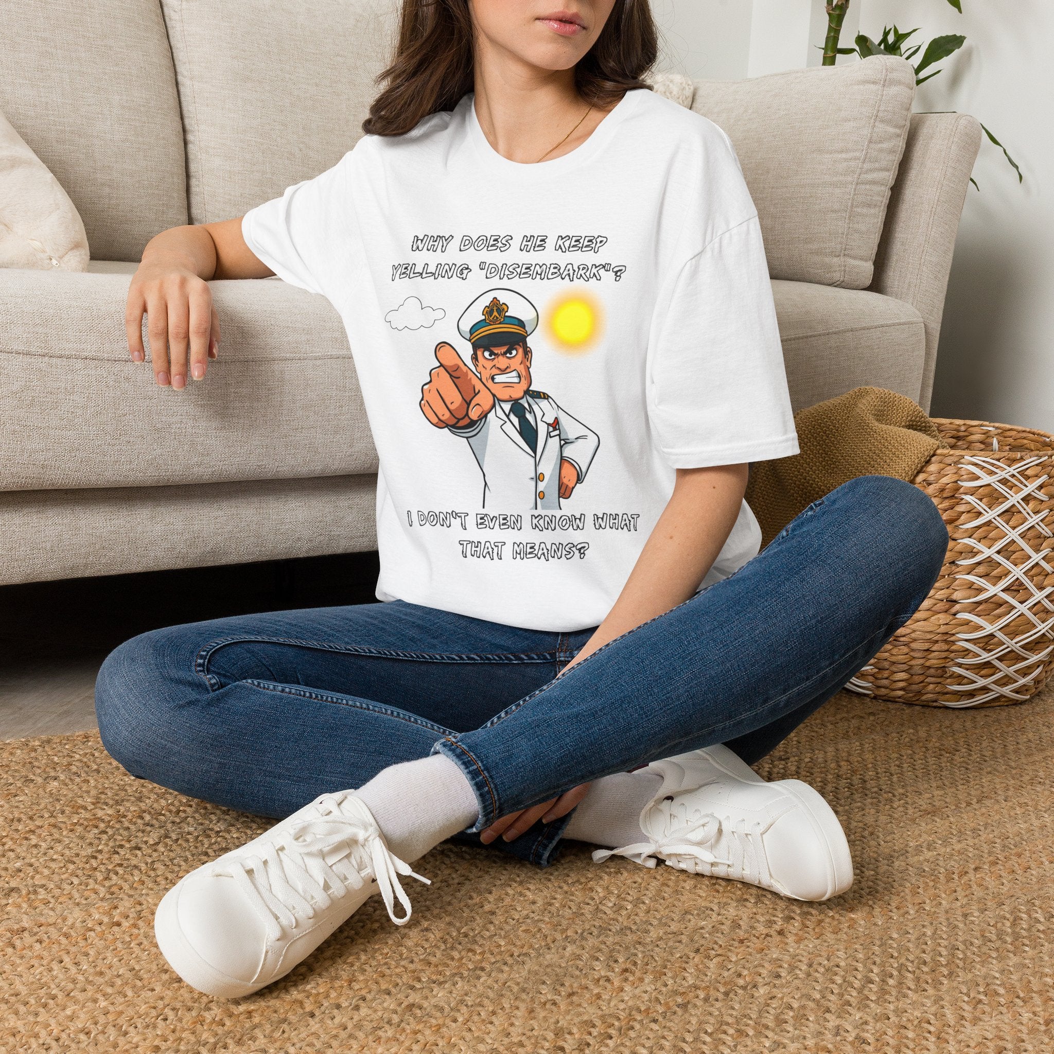 Captain Pointing Graphic Tee – "Why Does He Keep Yelling 'Disembark'?" Novelty T-Shirt