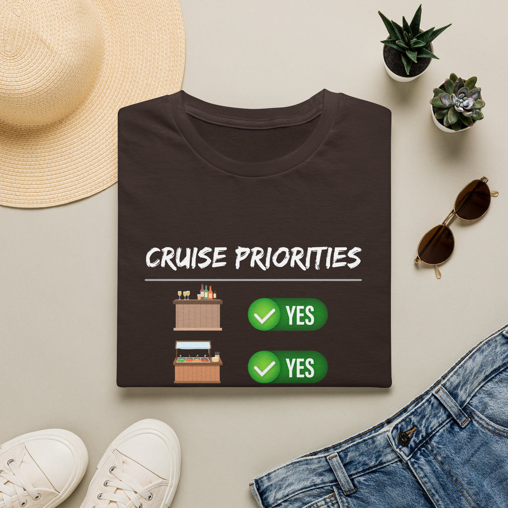 Cruise Priorities T-Shirt — Yes to Bars, Pools & Snacks Vacation Tee