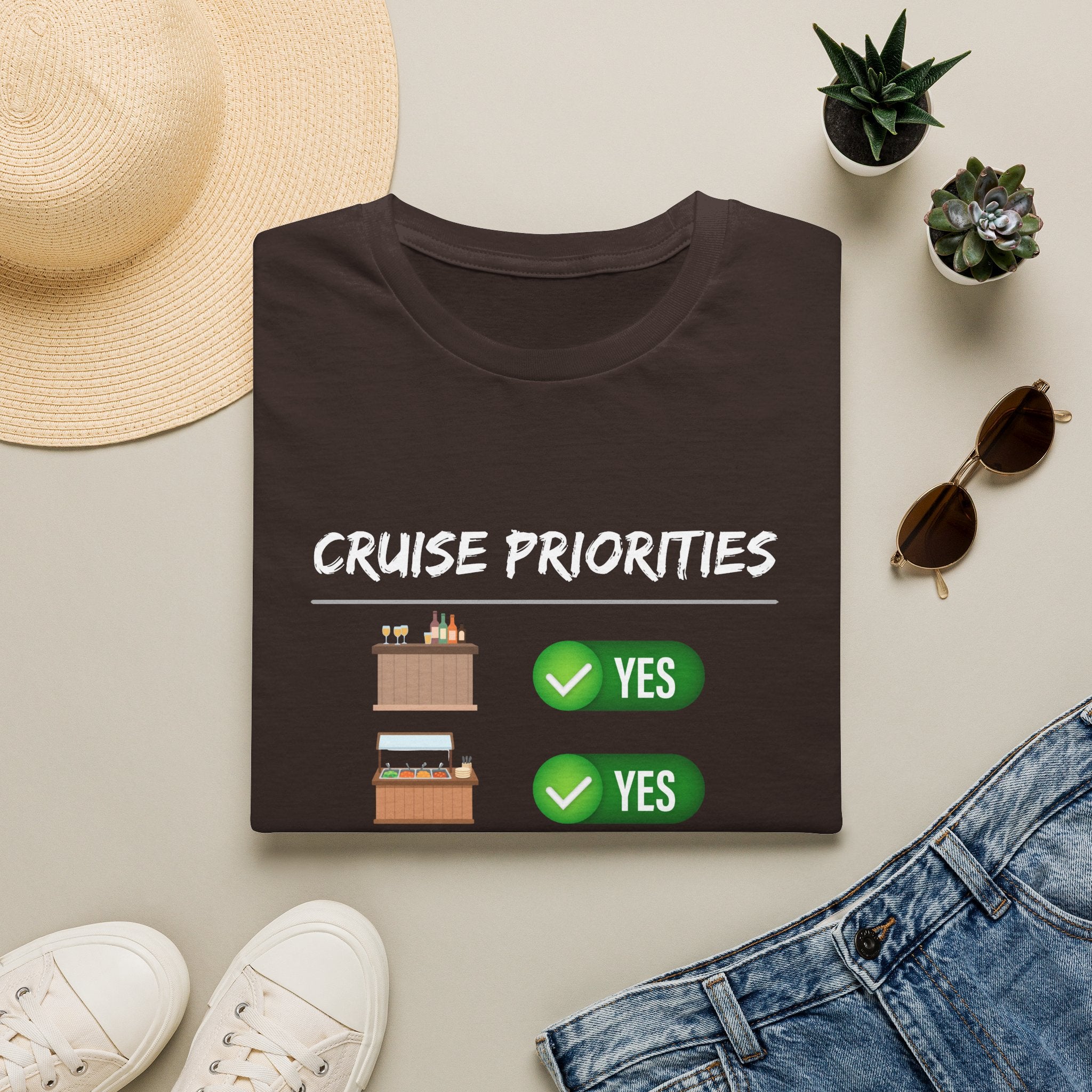 Cruise Priorities T-Shirt — Yes to Bars, Pools & Snacks Vacation Tee