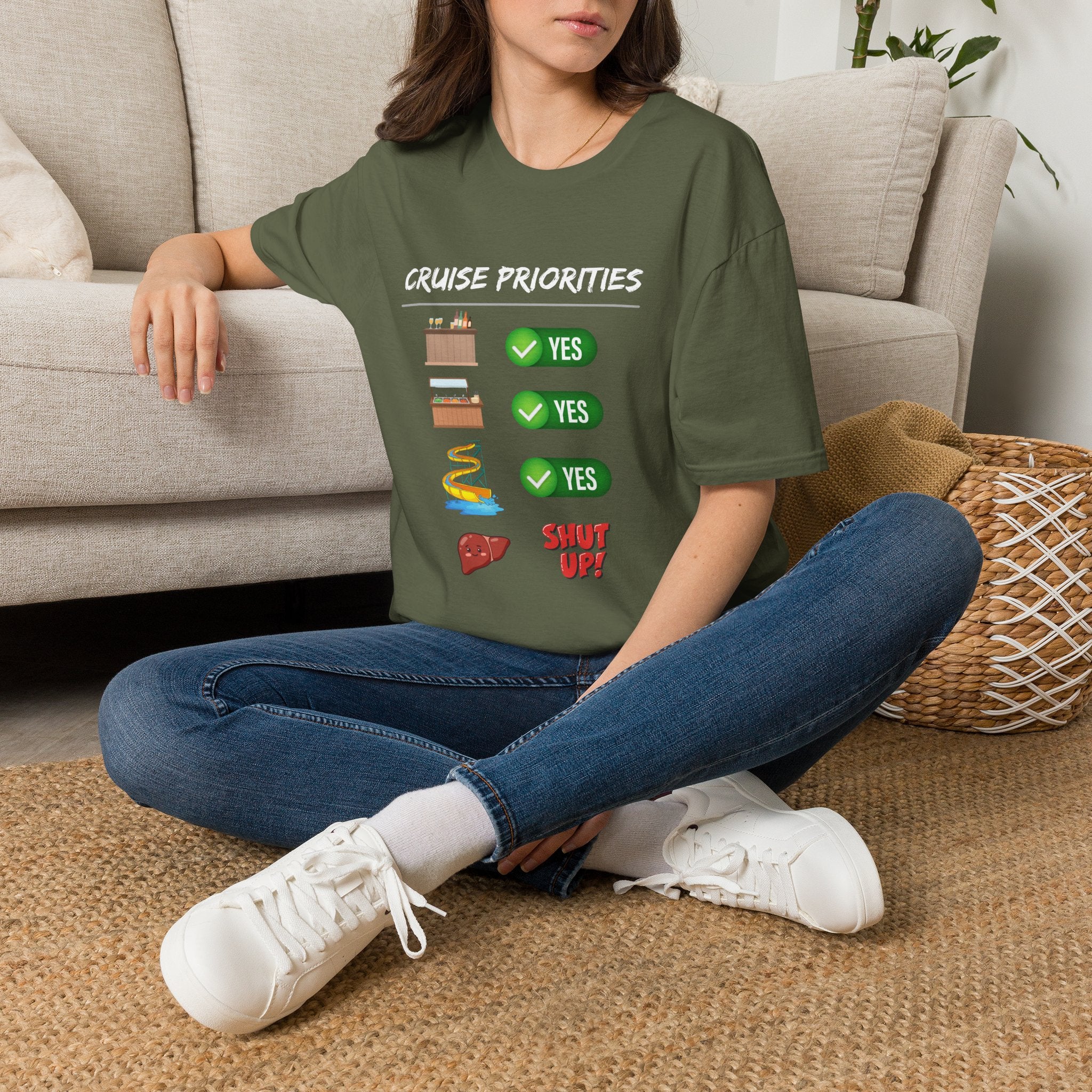 Cruise Priorities T-Shirt — Yes to Bars, Pools & Snacks Vacation Tee