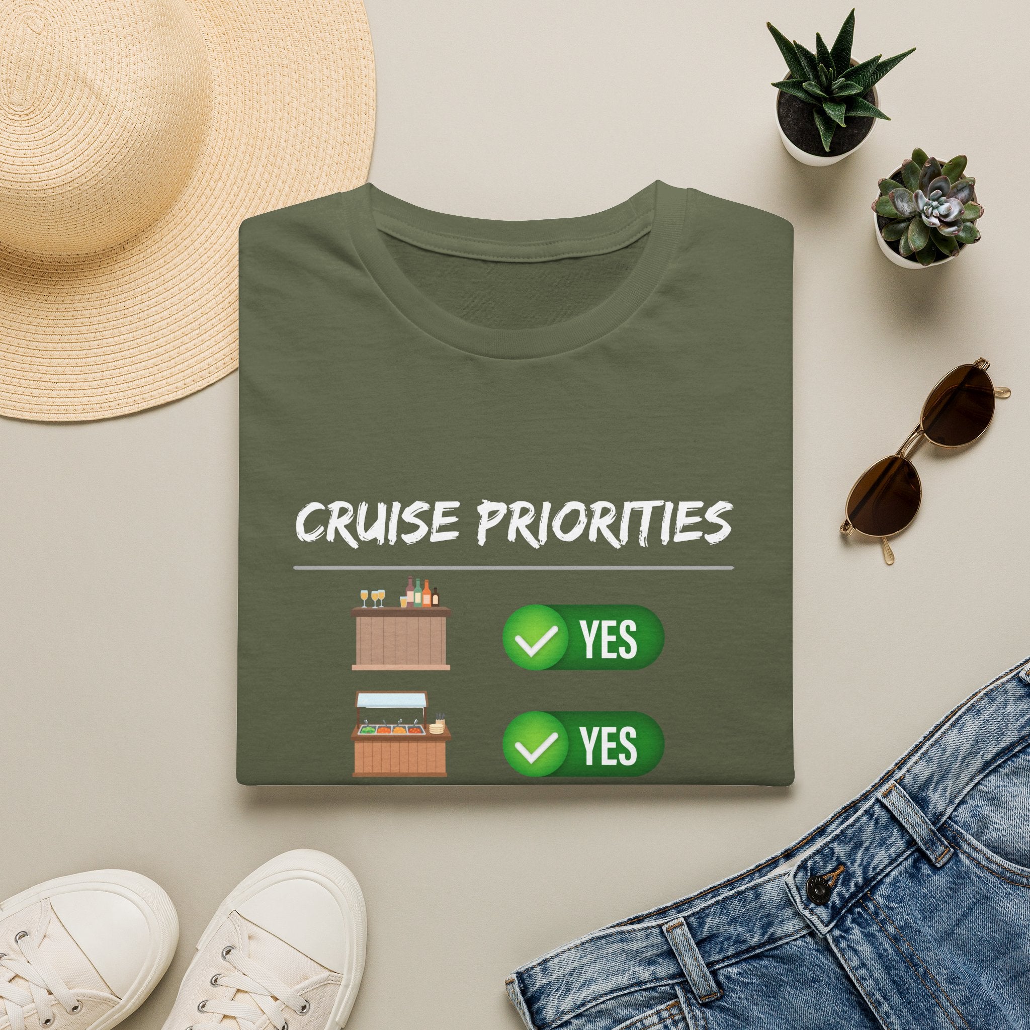 Cruise Priorities T-Shirt — Yes to Bars, Pools & Snacks Vacation Tee