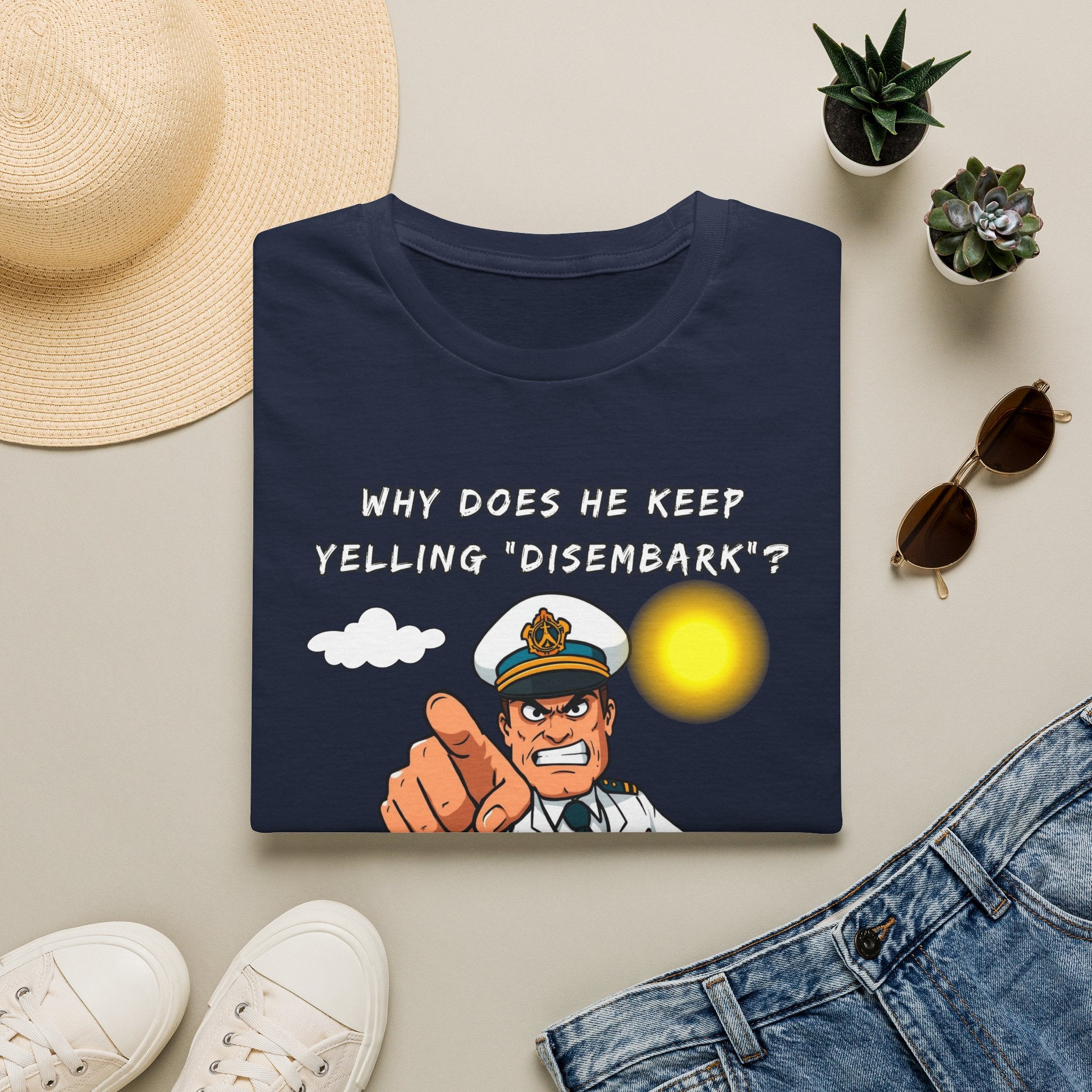 Captain Pointing Graphic Tee – "Why Does He Keep Yelling 'Disembark'?" Novelty T-Shirt