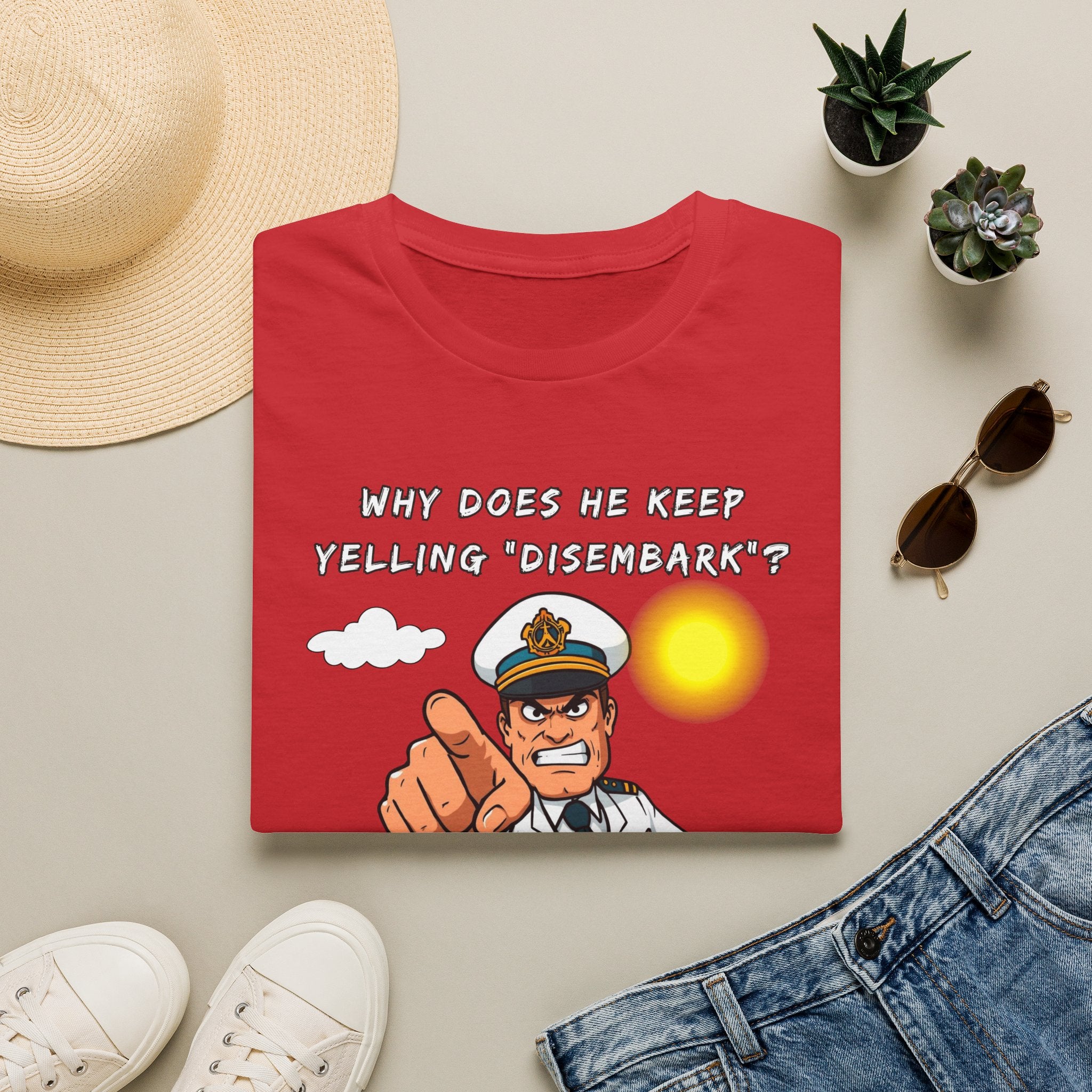 Captain Pointing Graphic Tee – "Why Does He Keep Yelling 'Disembark'?" Novelty T-Shirt