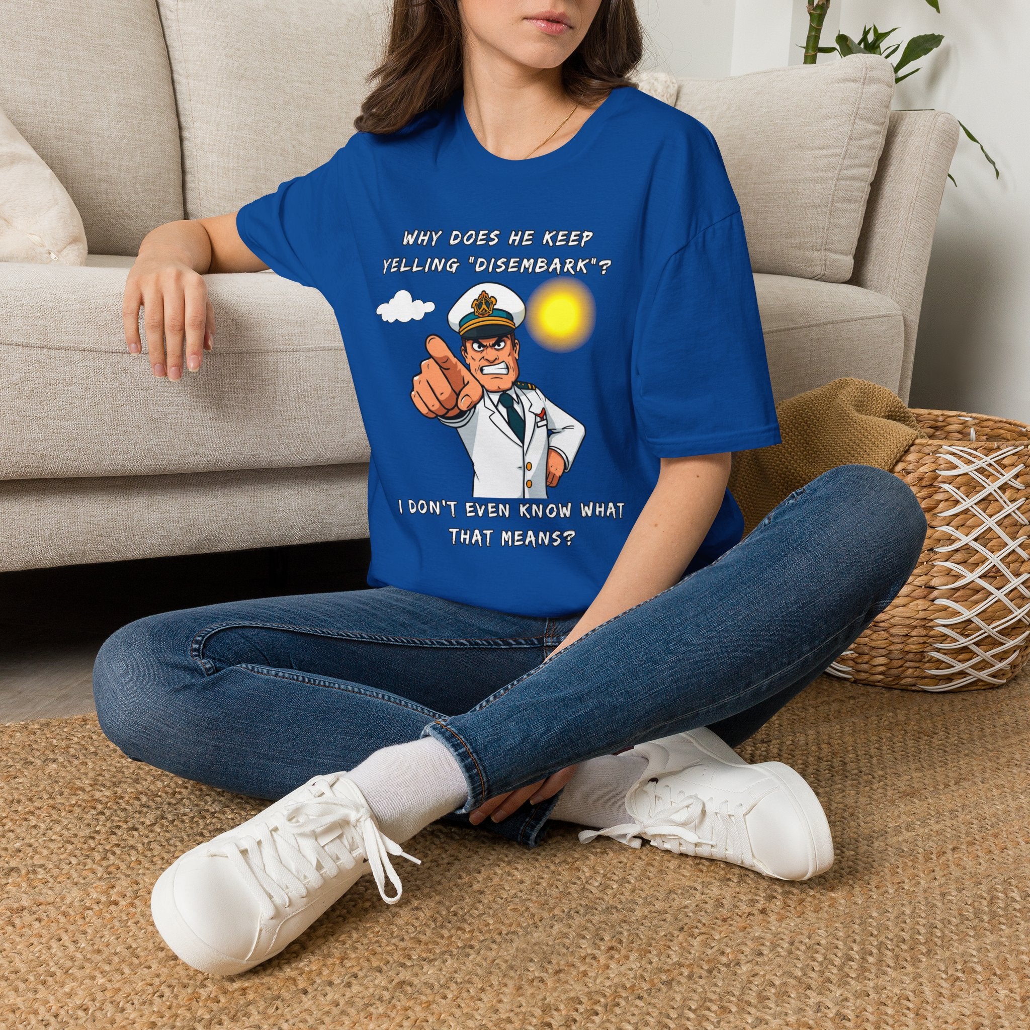 Captain Pointing Graphic Tee – "Why Does He Keep Yelling 'Disembark'?" Novelty T-Shirt
