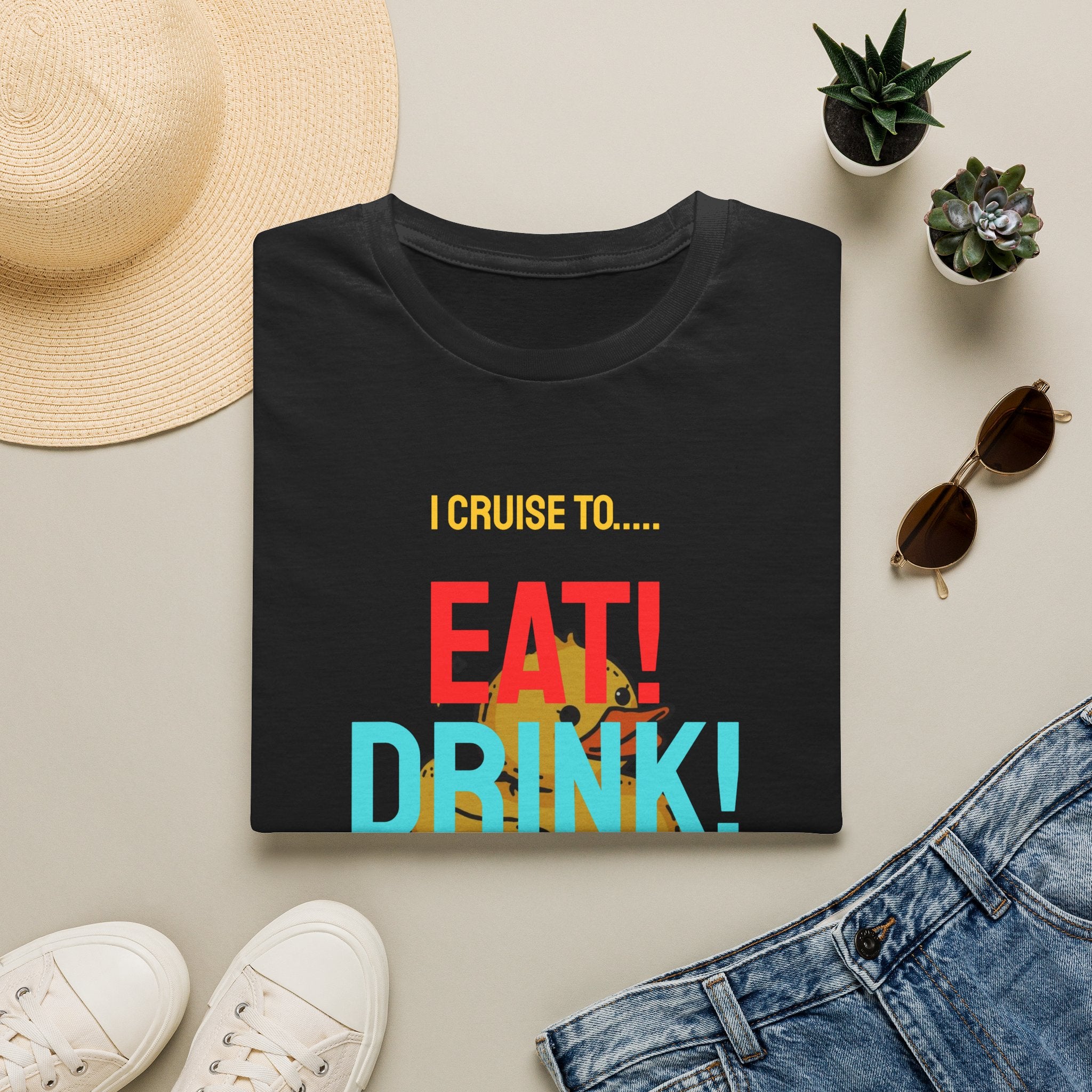 Cruise Vacation T-Shirt — "I Cruise To... Eat! Drink! Dock!"