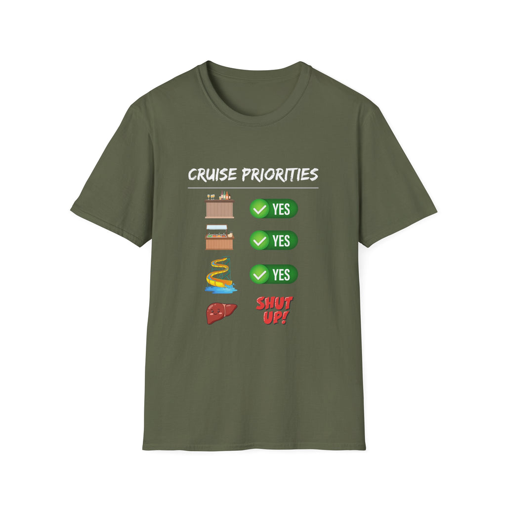 Cruise Priorities T-Shirt — Yes to Bars, Pools & Snacks Vacation Tee