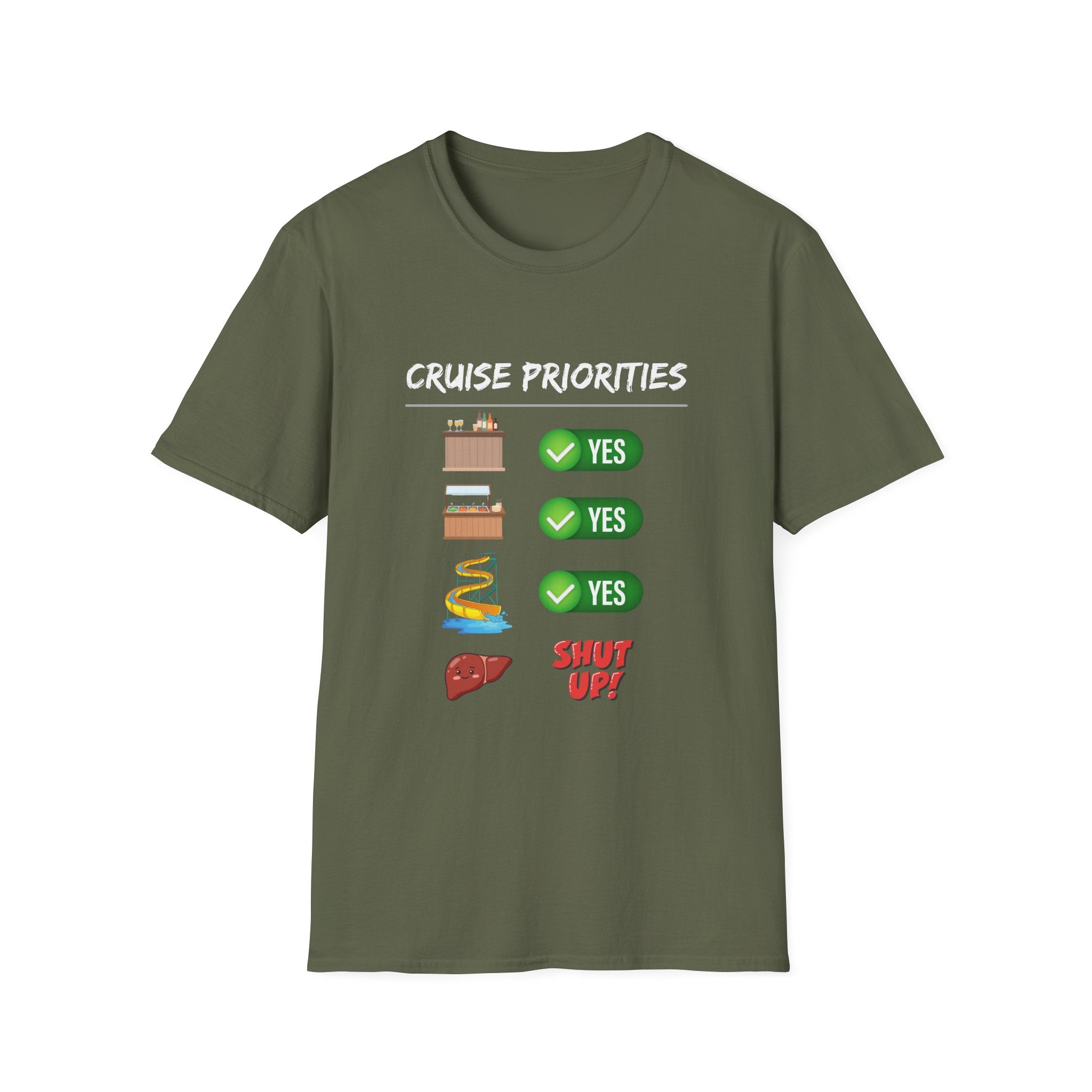 Cruise Priorities T-Shirt — Yes to Bars, Pools & Snacks Vacation Tee