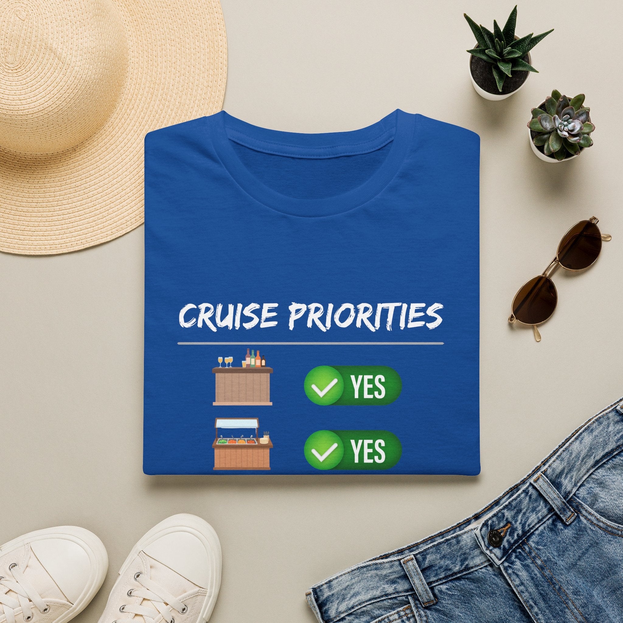 Cruise Priorities T-Shirt — Yes to Bars, Pools & Snacks Vacation Tee