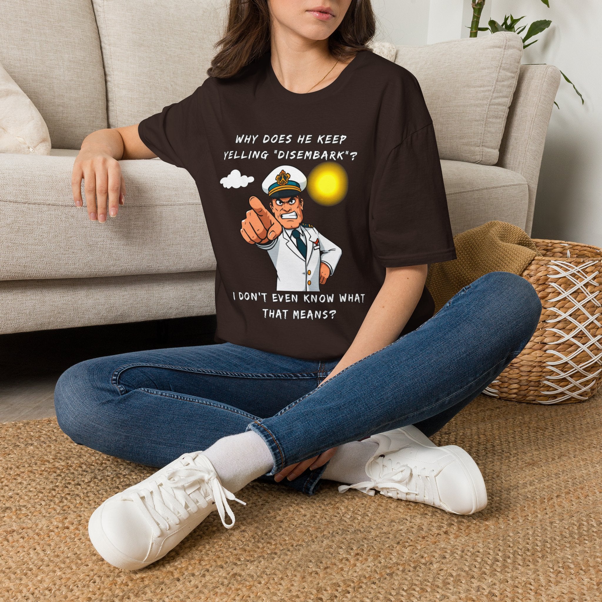 Captain Pointing Graphic Tee – "Why Does He Keep Yelling 'Disembark'?" Novelty T-Shirt