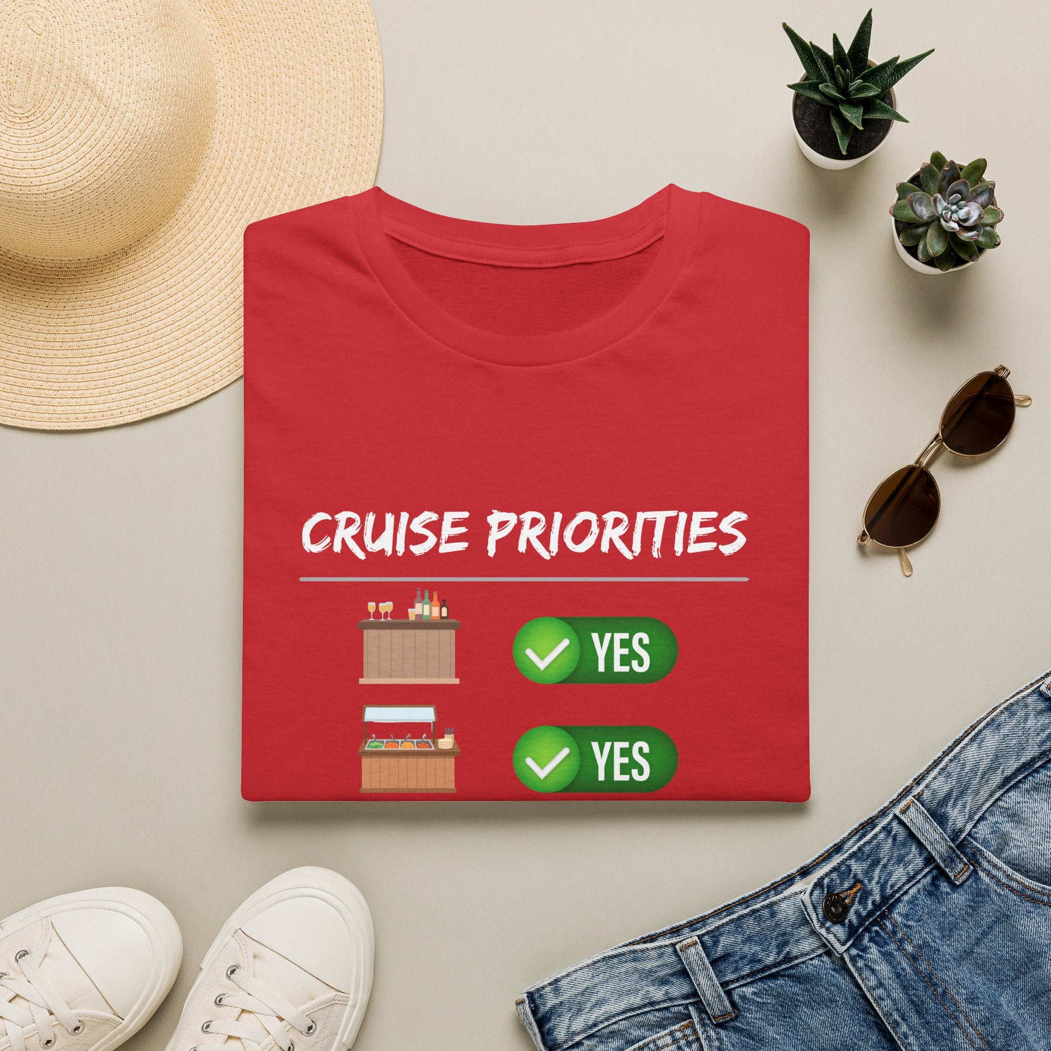 Cruise Priorities T-Shirt — Yes to Bars, Pools & Snacks Vacation Tee